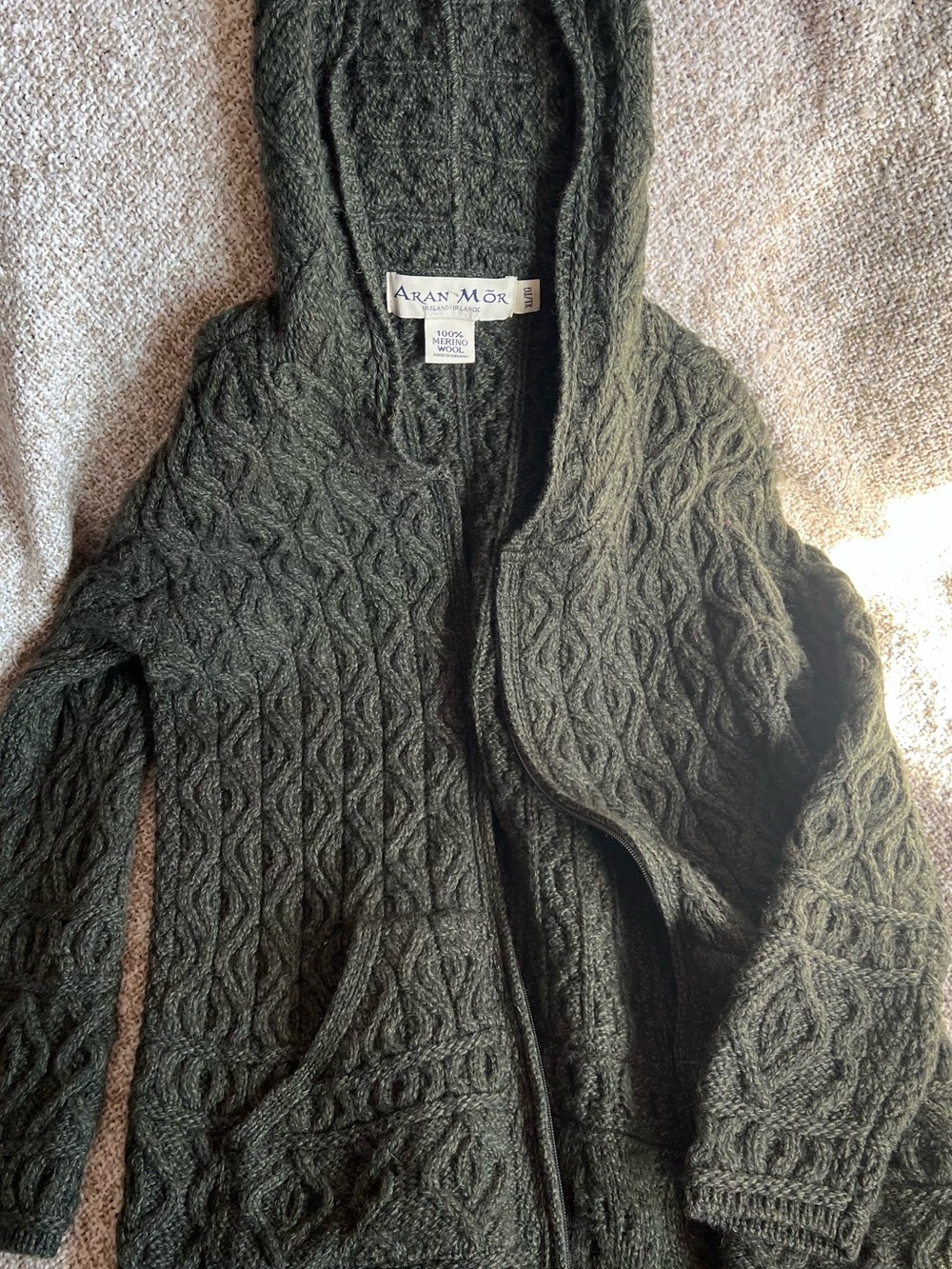 Fits M/L Aran Mōr Irish 100% Merino Wool Hooded Cable Zip Cardigan Sz XL